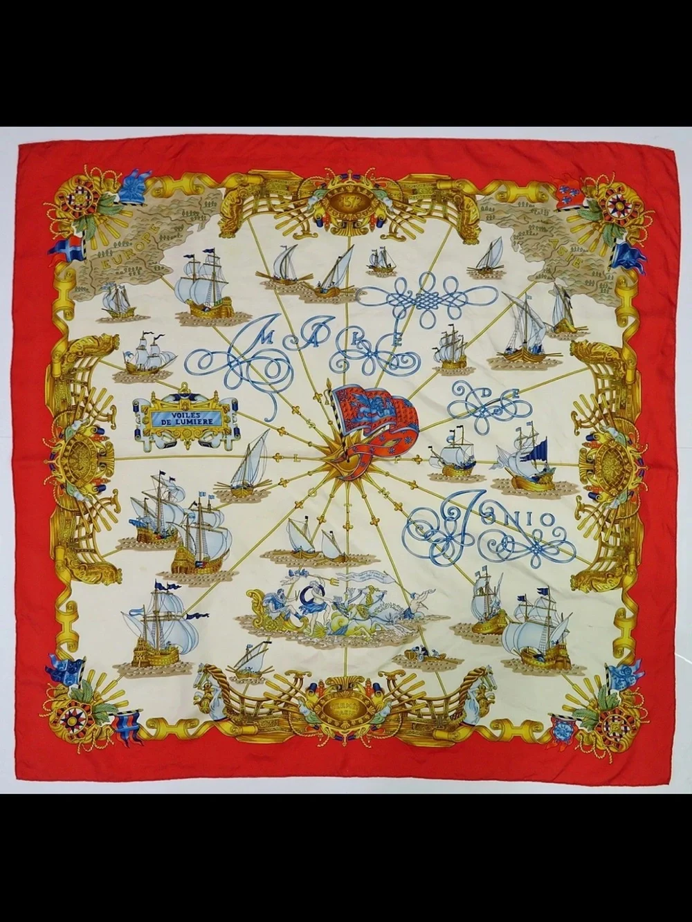 Hermes Silk Scarf Red, Cream, Gold, Blue